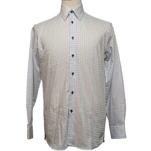 REV Men's Shirt Medium White Blue Check Paisley Trim Casual Button Up L/ Sleeve